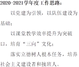 2020-2021学年度工作思路：
以党建为引领，以队伍建设为基础；
以课堂教学效率提升为突破口，培育“三向”文化；
落实立德树人根本任务，培养
社会主义建设者和接班人。
